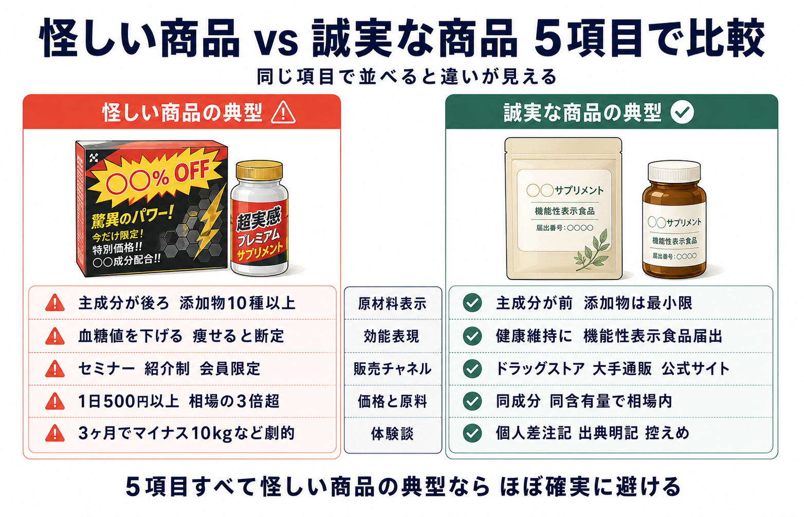 怪しい健康食品とOK商品の対比