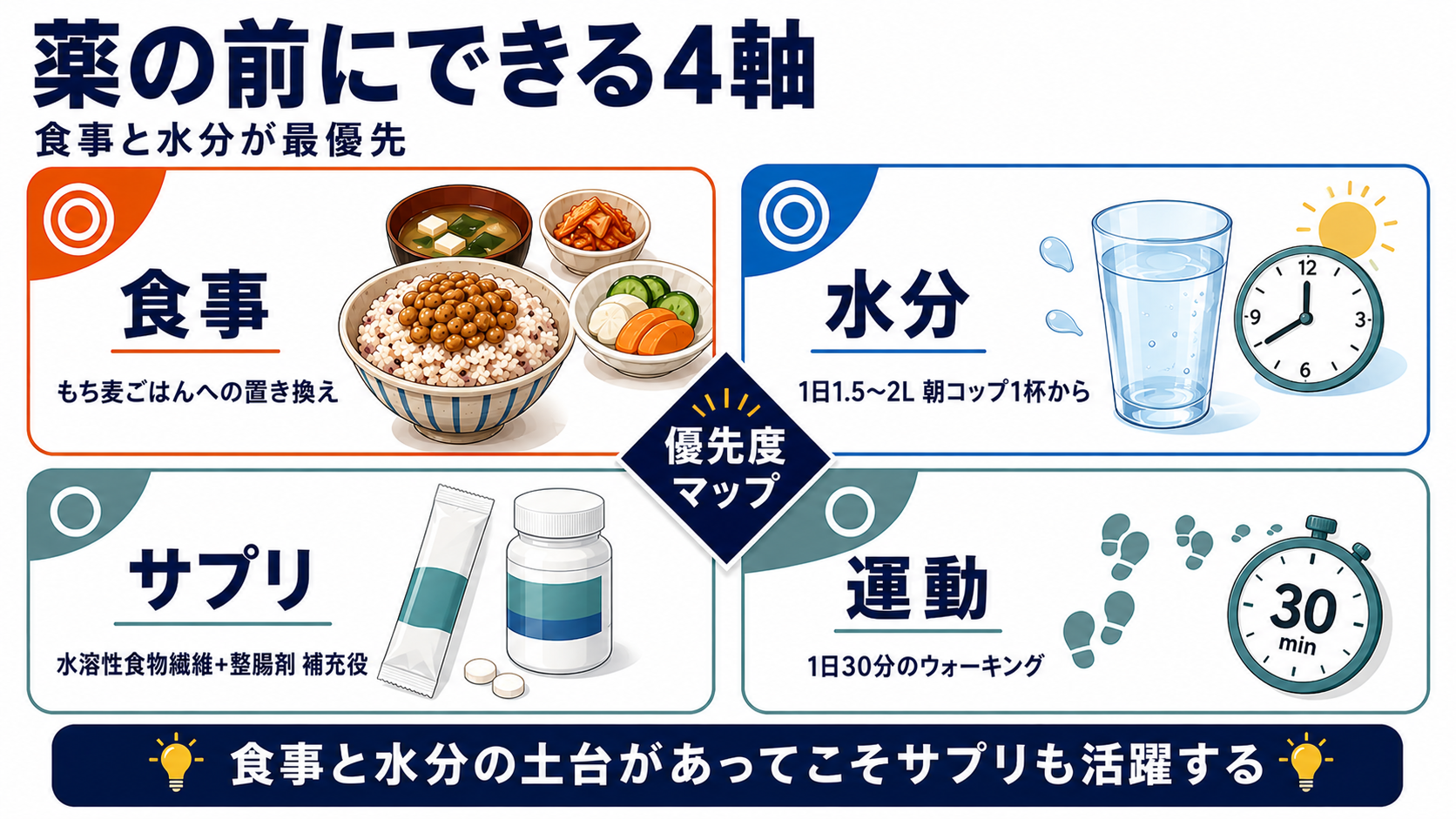 薬の前にできる4軸｜食事・水分・運動・サプリの優先度マップ